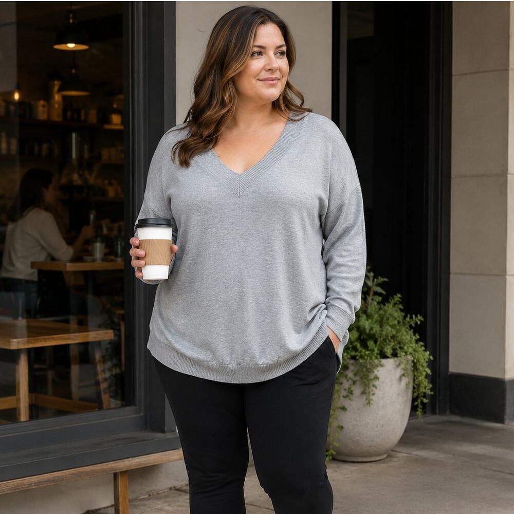 Adrienne Vittadini Gray V Neck Sweater XL Oversized Cotton Rayon Minimalist